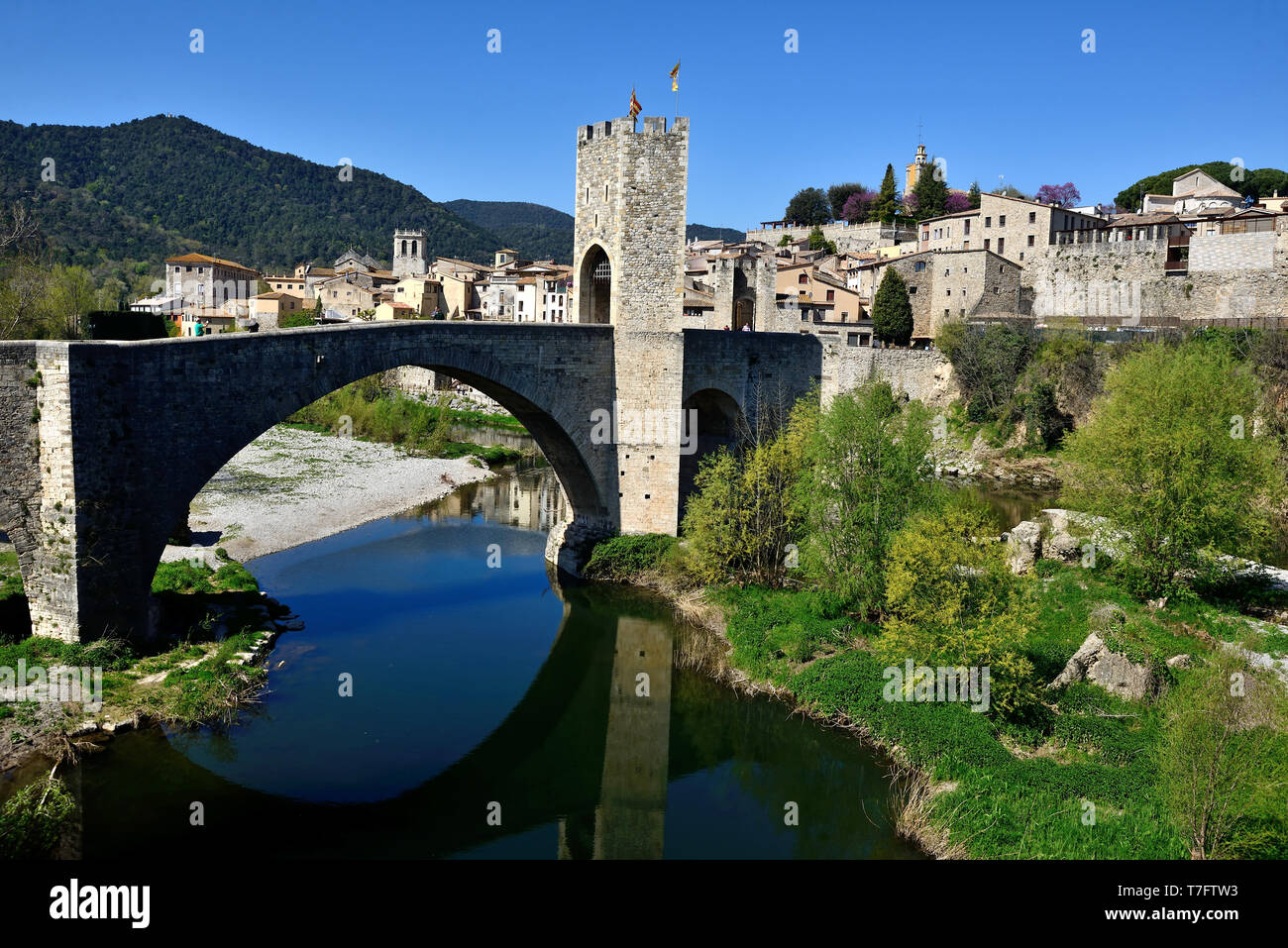 In Spagna, in Catalogna: Romano ponte in pietra che sovrastano il villaggio di Besalu Foto Stock
