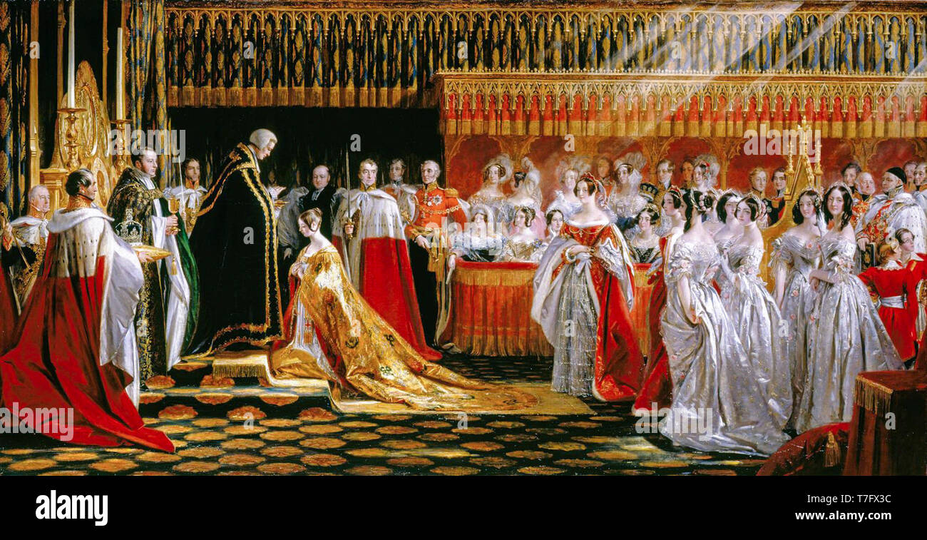 La regina Victoria di ricevere il Sacramento durante la sua incoronazione, pittura, artista sconosciuto, 1838 Foto Stock