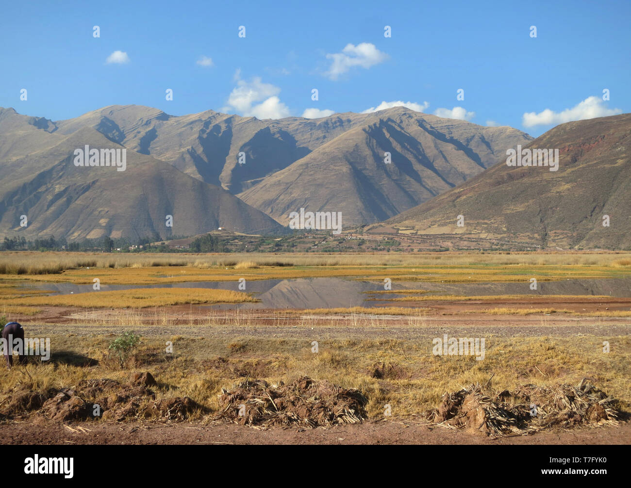 Campi agricoli intorno al lago Huacarpay in alto Ande vicino a Cusco in Perù. Foto Stock