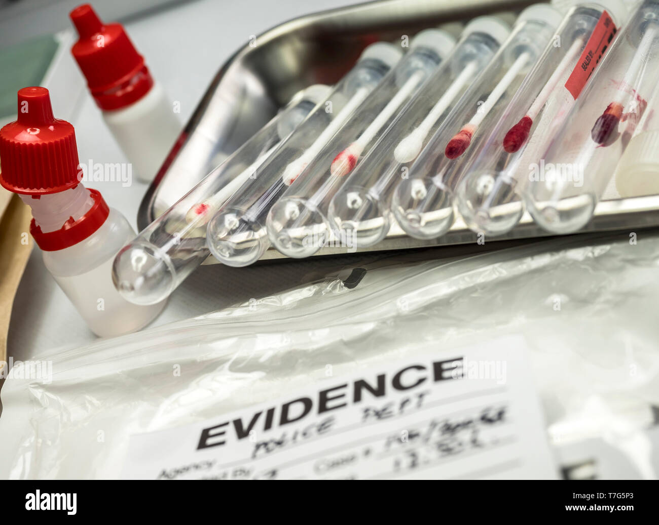 Diversi campioni di capelli e il sangue da analizzare in laboratorio scientifico, immagine concettuale Foto Stock