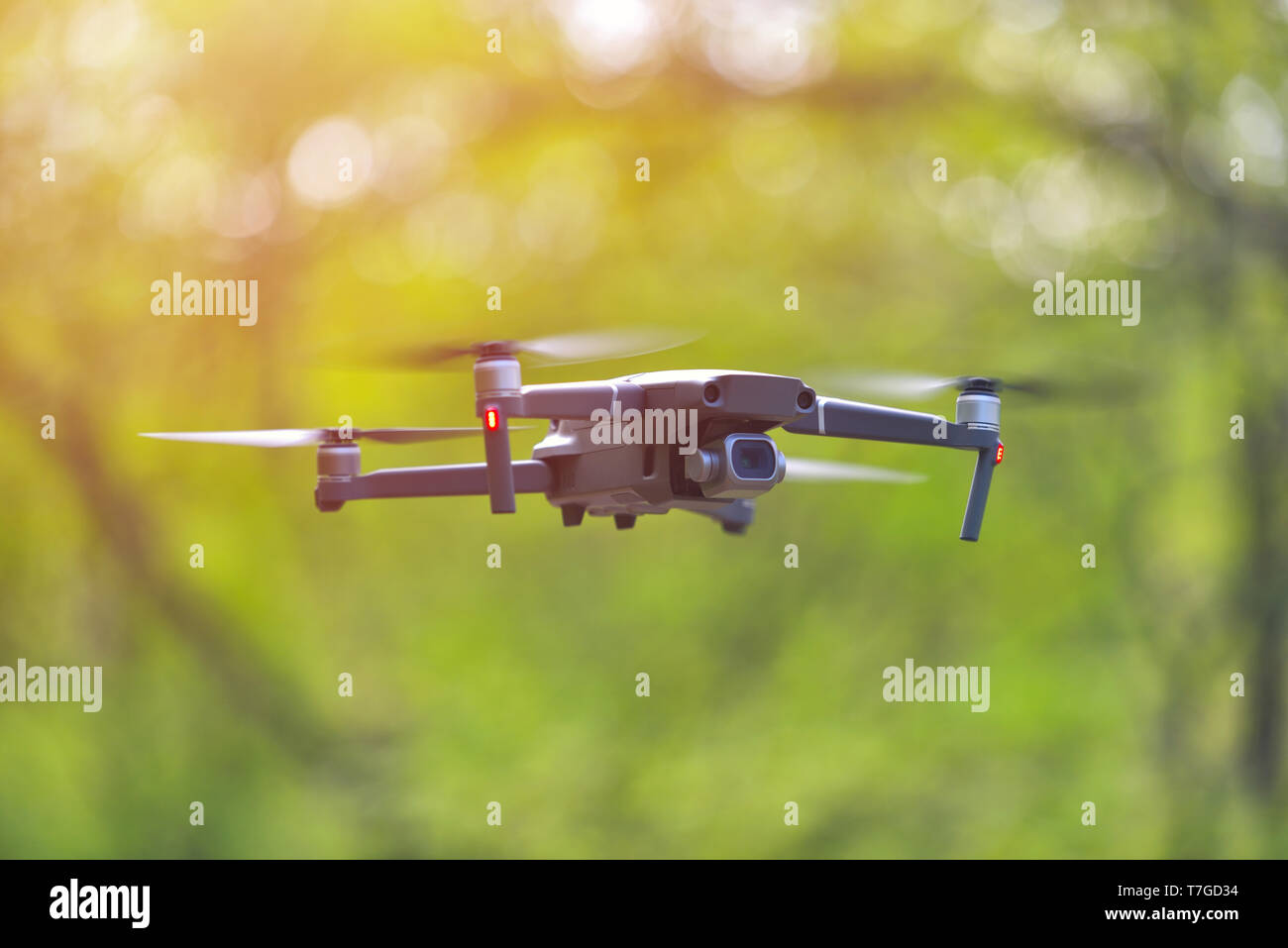 Flying drone con fotocamera passando all'interno di un forrest, sfondo naturale Foto Stock