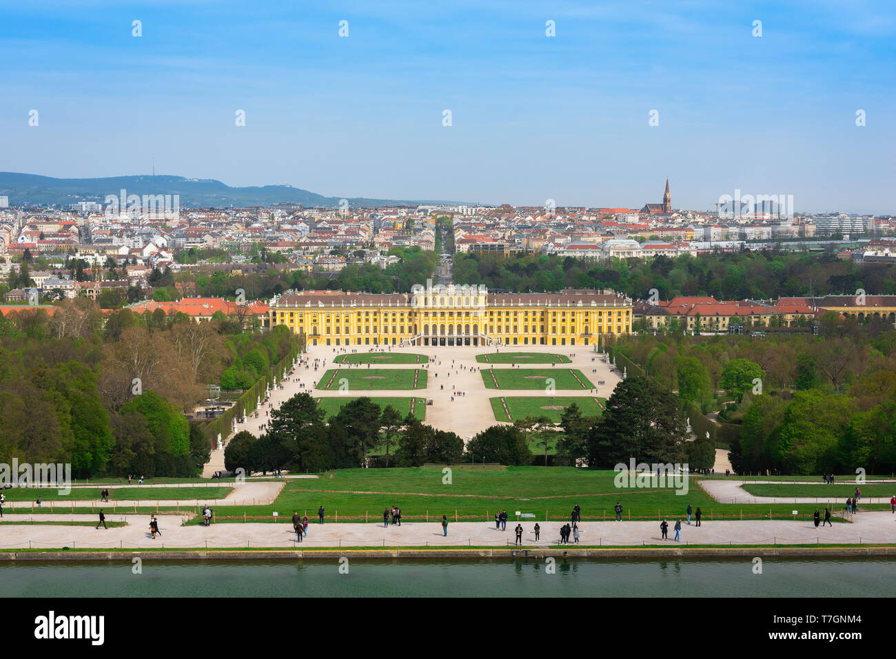Giardino di Vienna, vista del parterre giardino barocco e esterno del lato sud di Schloss Schönbrunn Palace di Vienna in Austria. Foto Stock