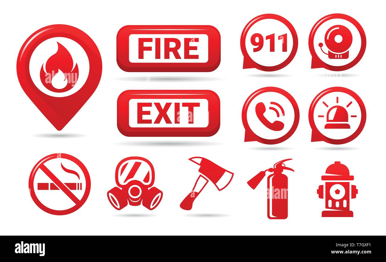 Set di sicurezza antincendio icone. Emergenza incendio icone isolati su sfondo bianco. I simboli vettoriali. Illustrazione Vettoriale