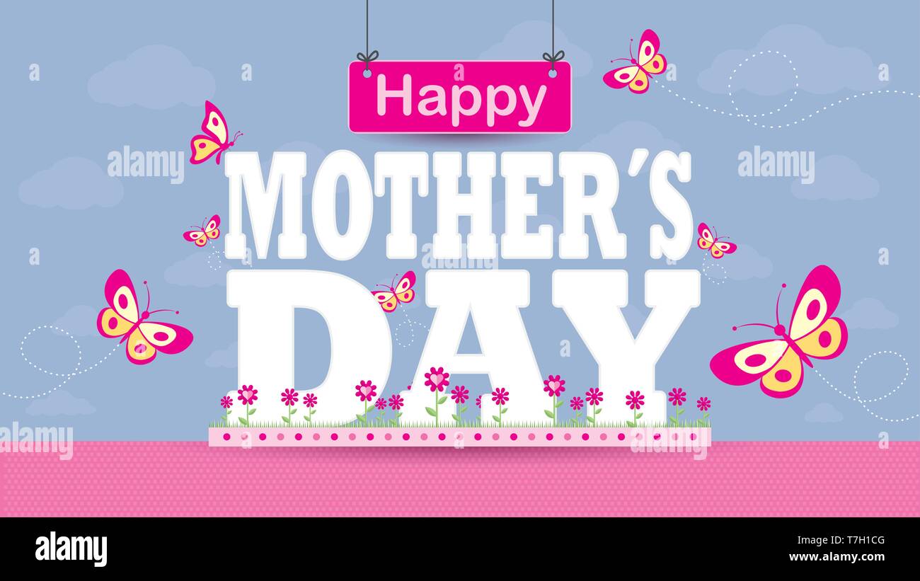 Felice Festa della Mamma biglietto di auguri. Lettere su un magenta giardino di fiori con farfalle volare su un pastello lilla sky con le nuvole Illustrazione Vettoriale