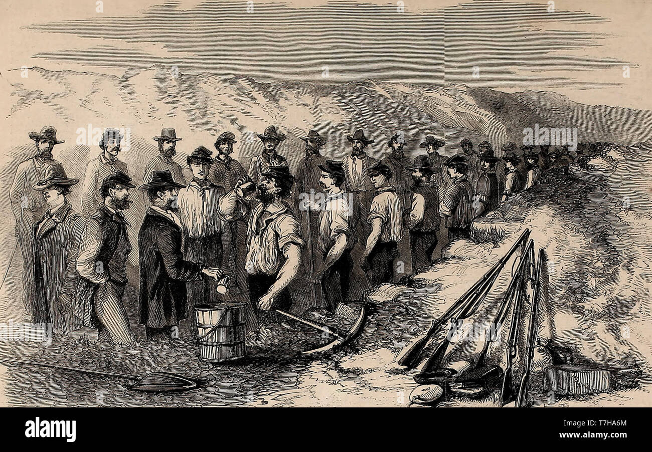 Scene di vita militare durante la Guerra Civile Americana - Trattamento fuori liquori ai soldati nelle trincee - 1864 Foto Stock