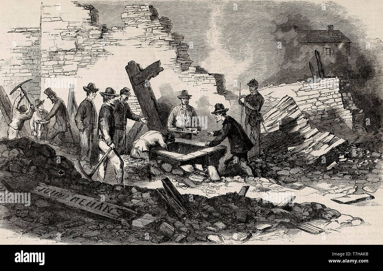 Recupero di valori e proprietà sepolta tra le rovine di Richmond, Virginia alla fine della Guerra Civile Americana Foto Stock