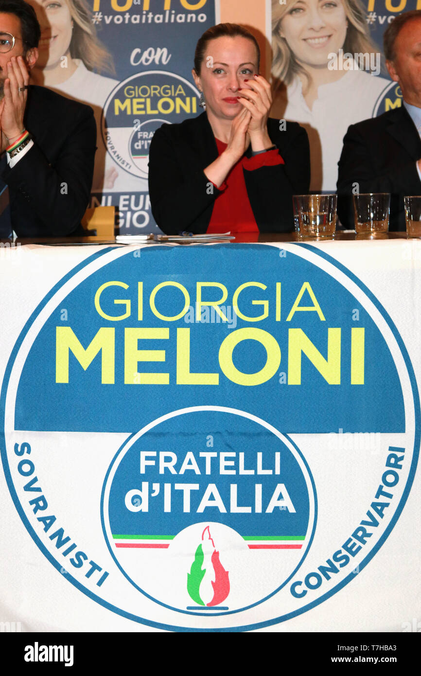 Giorgia Meloni - MODENA - Italia, 6 maggio 2019 - pubblica conferenza politico Fratelli d'Italia parte Foto Stock
