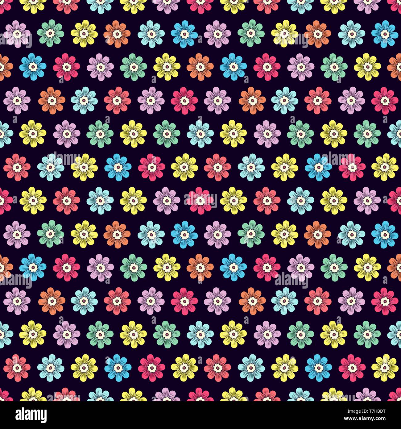 Doodle fiori seamless pattern, colorato sfondo floreale. Semplice multicolore bud con petali di fiori sul blu scuro, sullo sfondo del disegno a mano, ornamento per fab Illustrazione Vettoriale