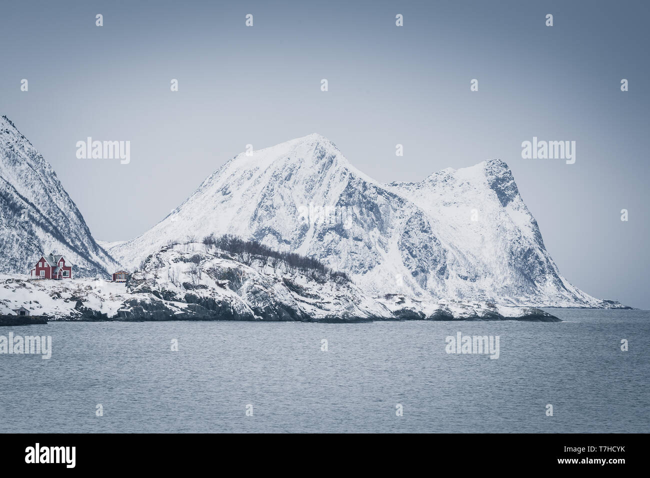Fredda giornata invernale a Senja, Norvegia. Lonely case vicino alte montagne coperte di neve in uno scenario opaco Foto Stock
