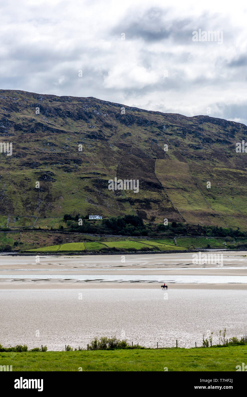 Solitario cavaliere a cavallo con la bassa marea sulla spiaggia, Ardara, County Donegal, Irlanda Foto Stock
