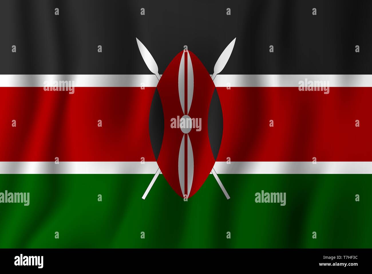 Kenya realistico sventola bandiera illustrazione vettoriale. Paese nazionale simbolo dello sfondo. Giorno di indipendenza. Illustrazione Vettoriale