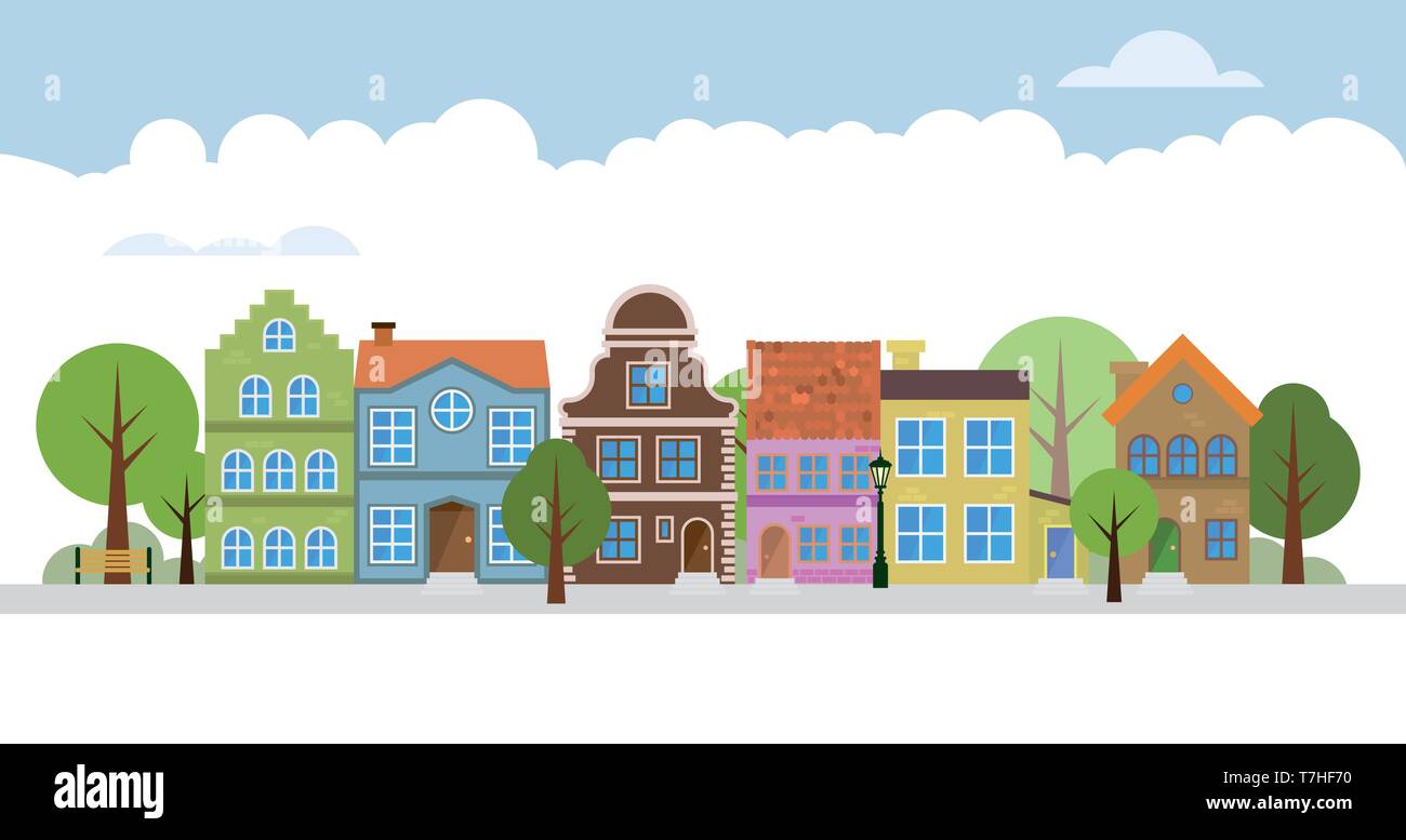 Grazioso villaggio main street neigborhood illustrazione vettoriale Illustrazione Vettoriale