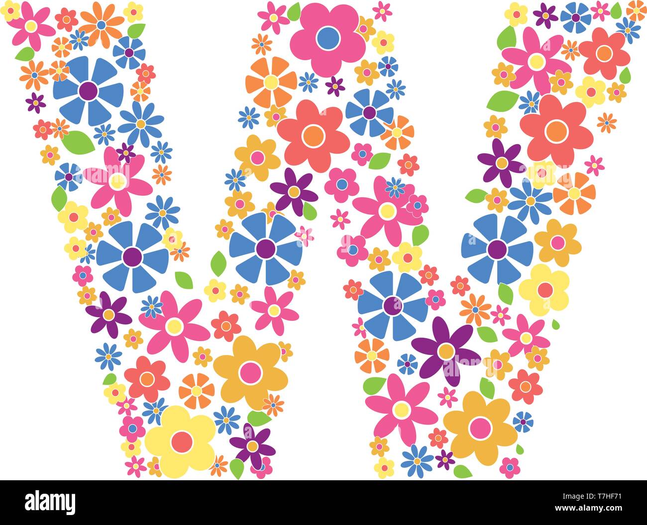 Lettera W riempita con una varietà di fiori colorati isolati su sfondo bianco illustrazione vettoriale Illustrazione Vettoriale