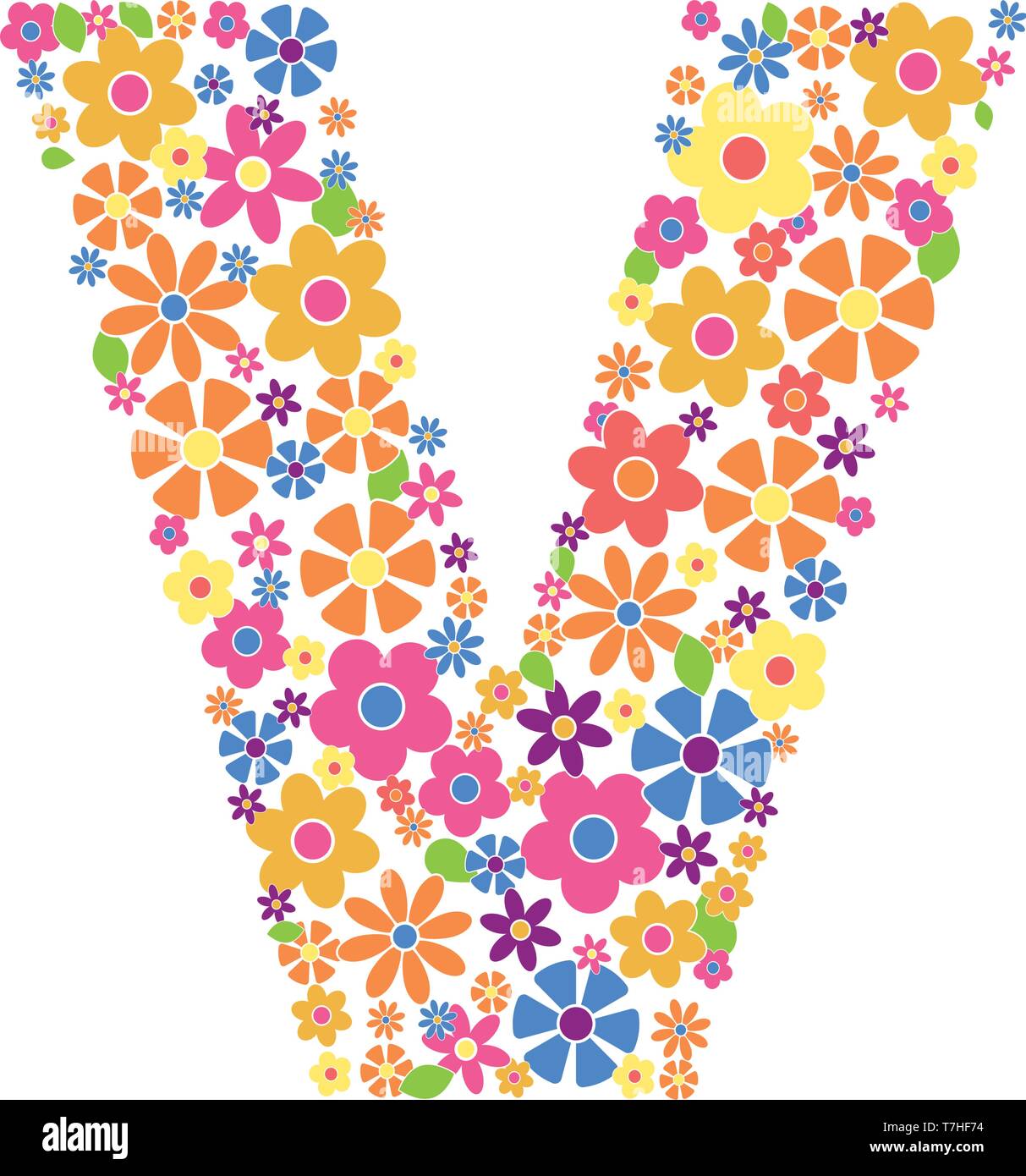 Lettera V riempita con una varietà di fiori colorati isolati su sfondo bianco illustrazione vettoriale Illustrazione Vettoriale