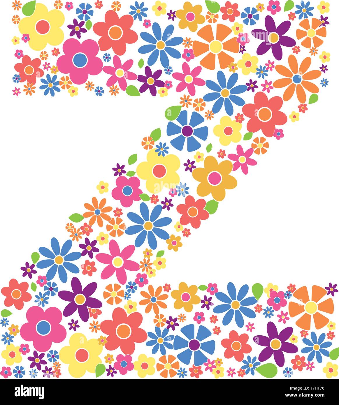 Lettera Z riempita con una varietà di fiori colorati isolati su sfondo bianco illustrazione vettoriale Illustrazione Vettoriale