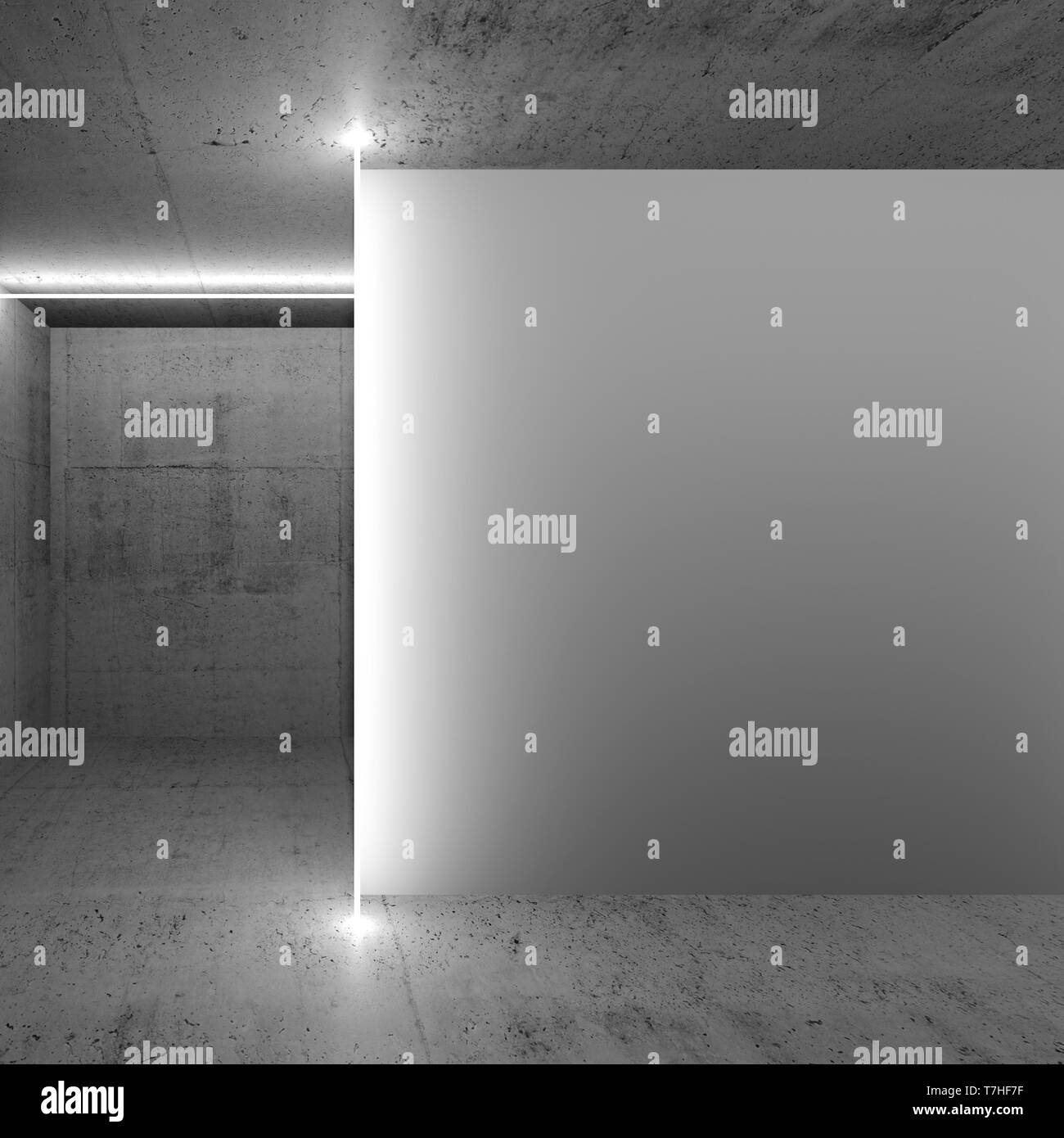 Abstract vuoto scuri interni in calcestruzzo bianco con frammento di parete, quadrato 3D render illustrazione Foto Stock