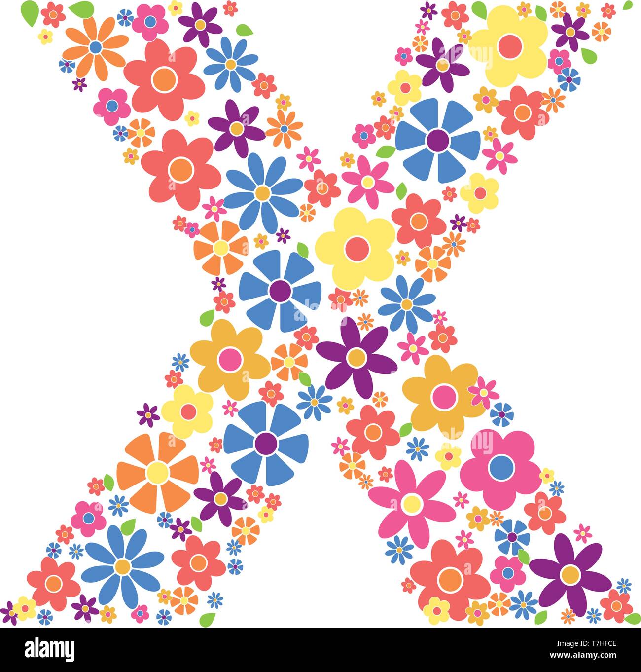 Lettera X riempita con una varietà di fiori colorati isolati su sfondo bianco illustrazione vettoriale Illustrazione Vettoriale