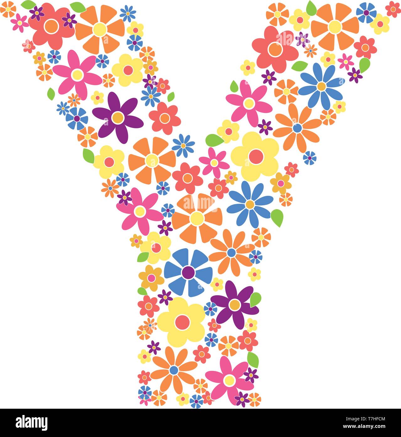 Lettera Y riempita con una varietà di fiori colorati isolati su sfondo bianco illustrazione vettoriale Illustrazione Vettoriale