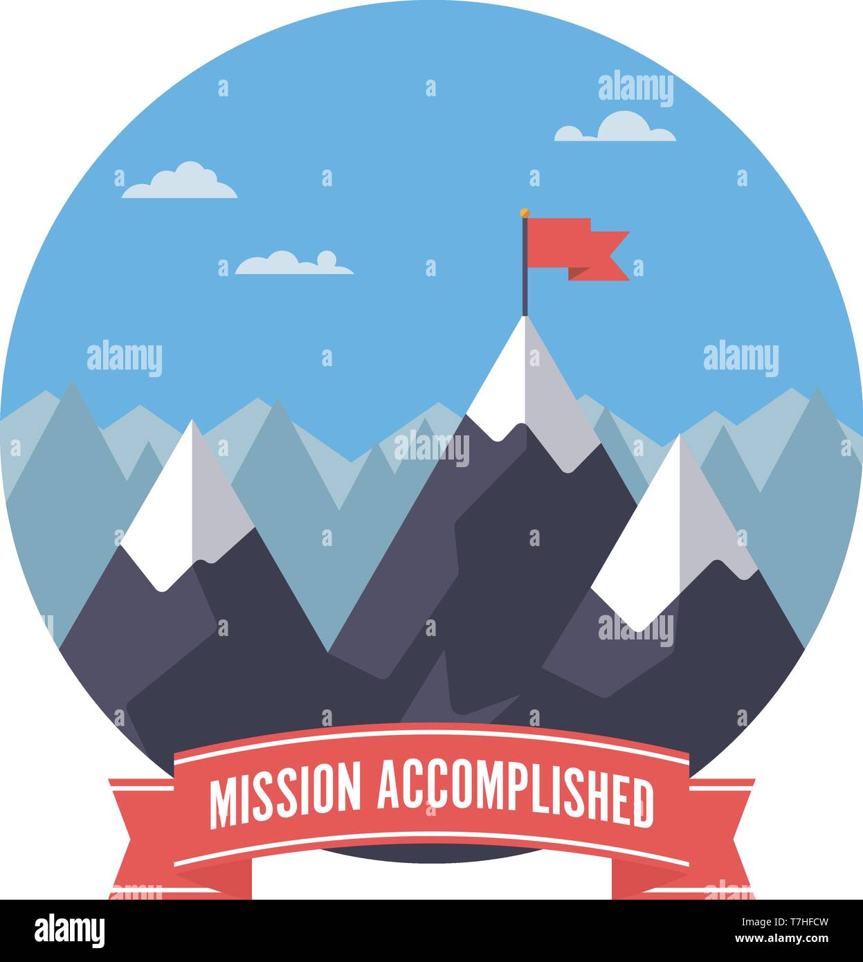 Bandiera sul picco di montagna in cerchio e banner con testo design piatto illustrazione vettoriale. Concetto di successo. Illustrazione Vettoriale