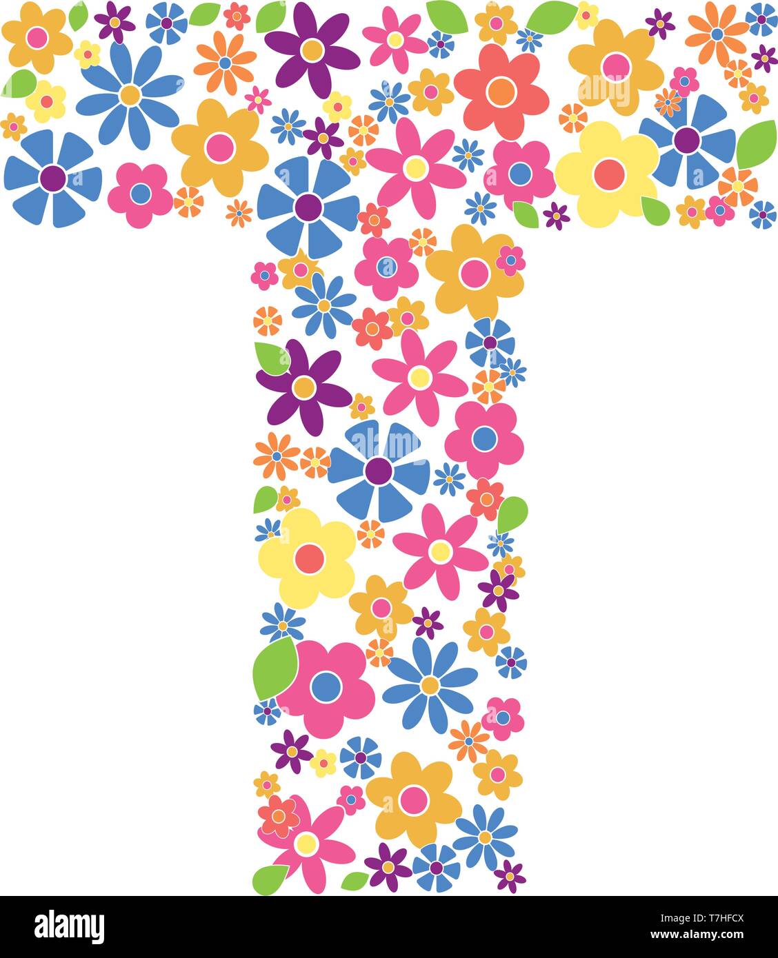 Lettera T riempita con una varietà di fiori colorati isolati su sfondo bianco illustrazione vettoriale Illustrazione Vettoriale