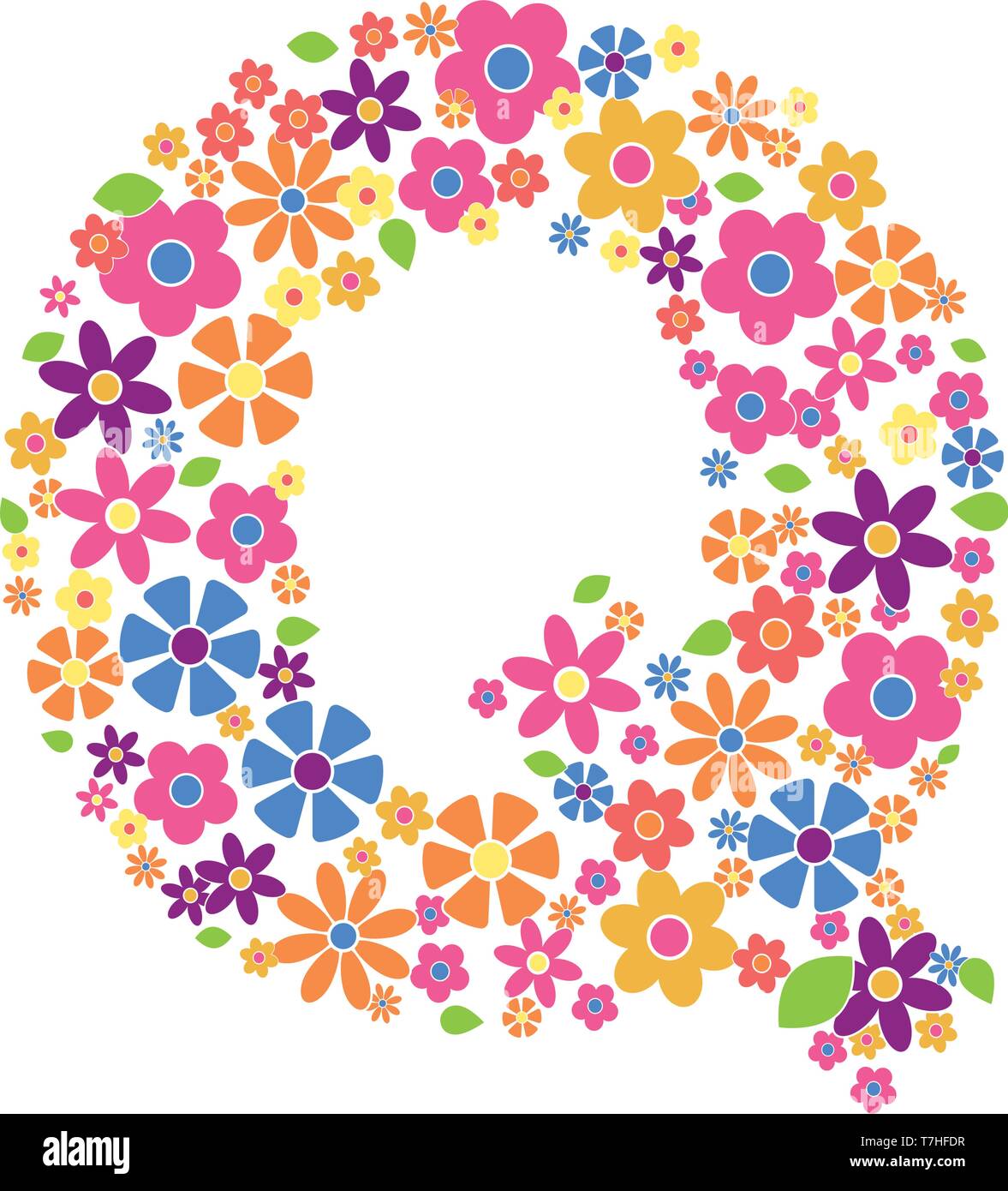 Lettera Q riempita con una varietà di fiori colorati isolati su sfondo bianco illustrazione vettoriale Illustrazione Vettoriale