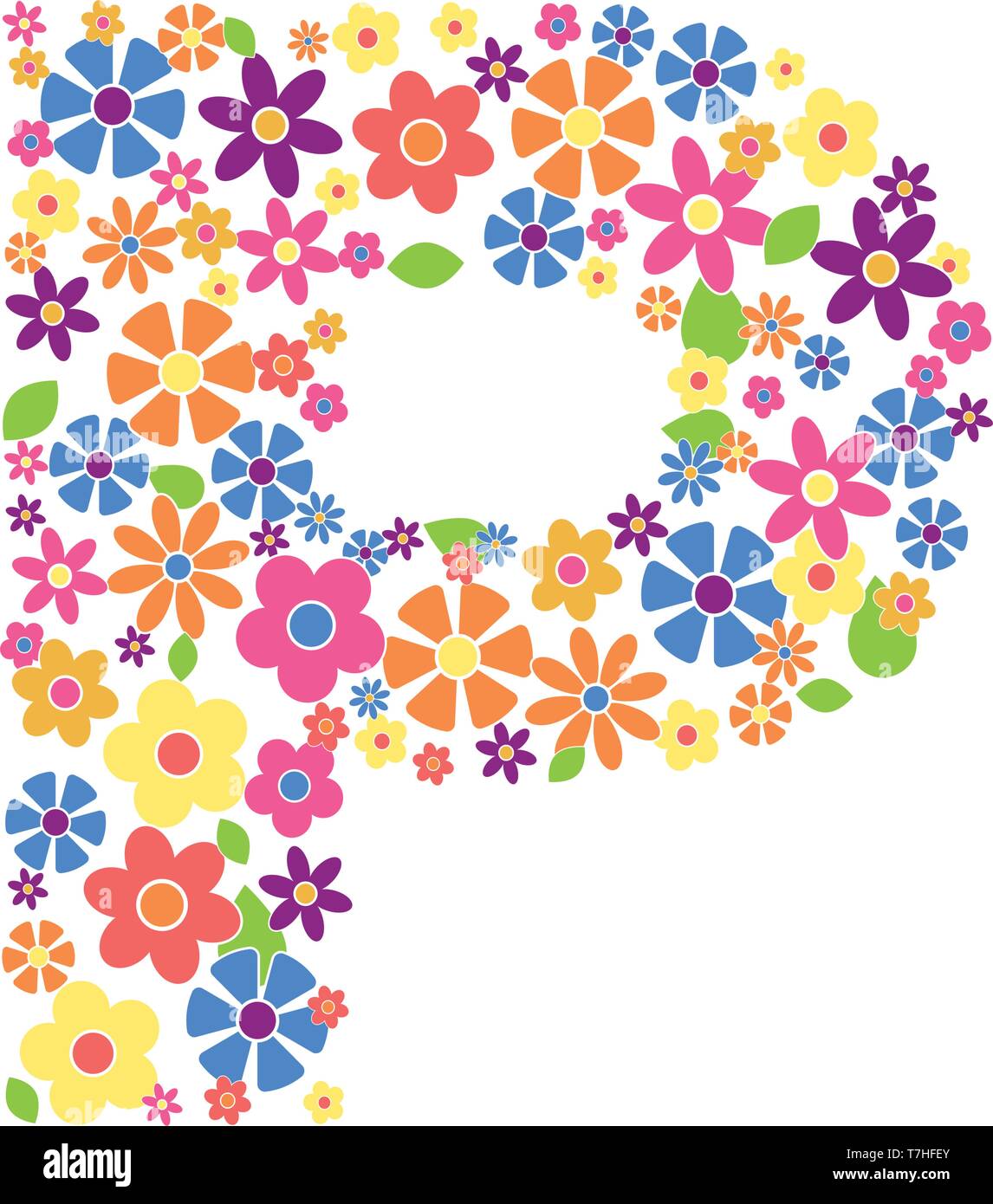 Con la lettera P è riempito con una varietà di fiori colorati isolati su sfondo bianco illustrazione vettoriale Illustrazione Vettoriale