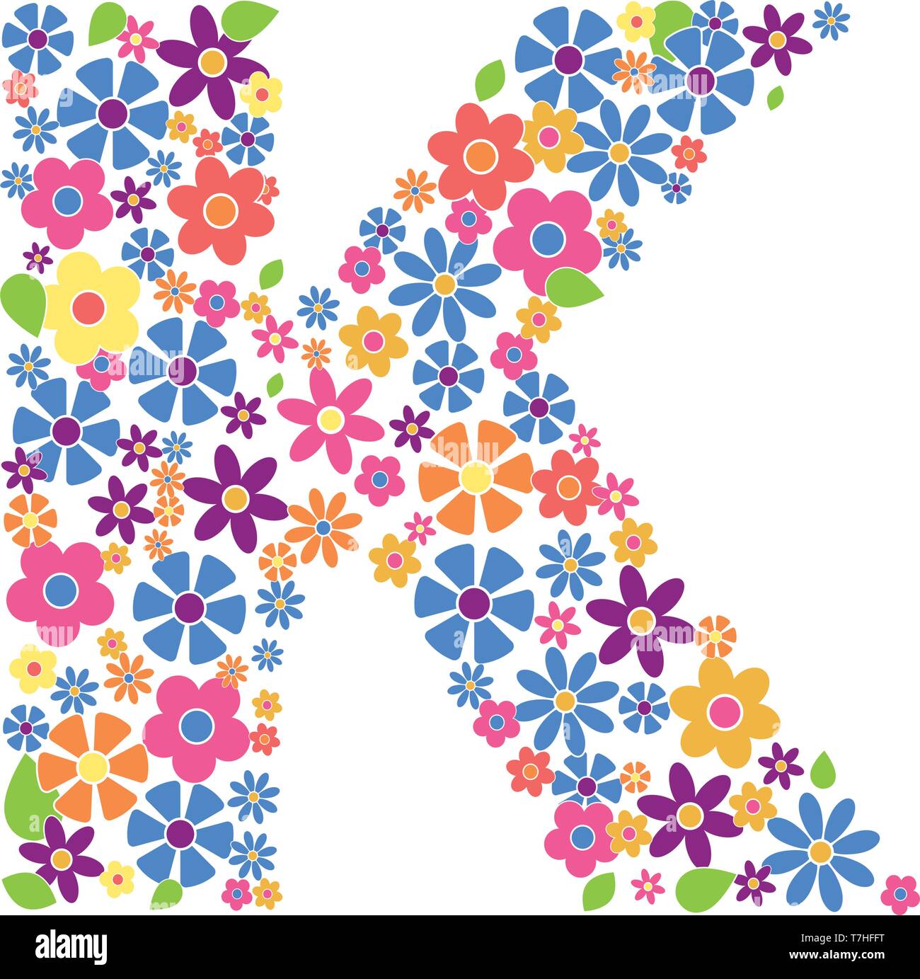 La lettera K riempita con una varietà di fiori colorati isolati su sfondo bianco illustrazione vettoriale Illustrazione Vettoriale