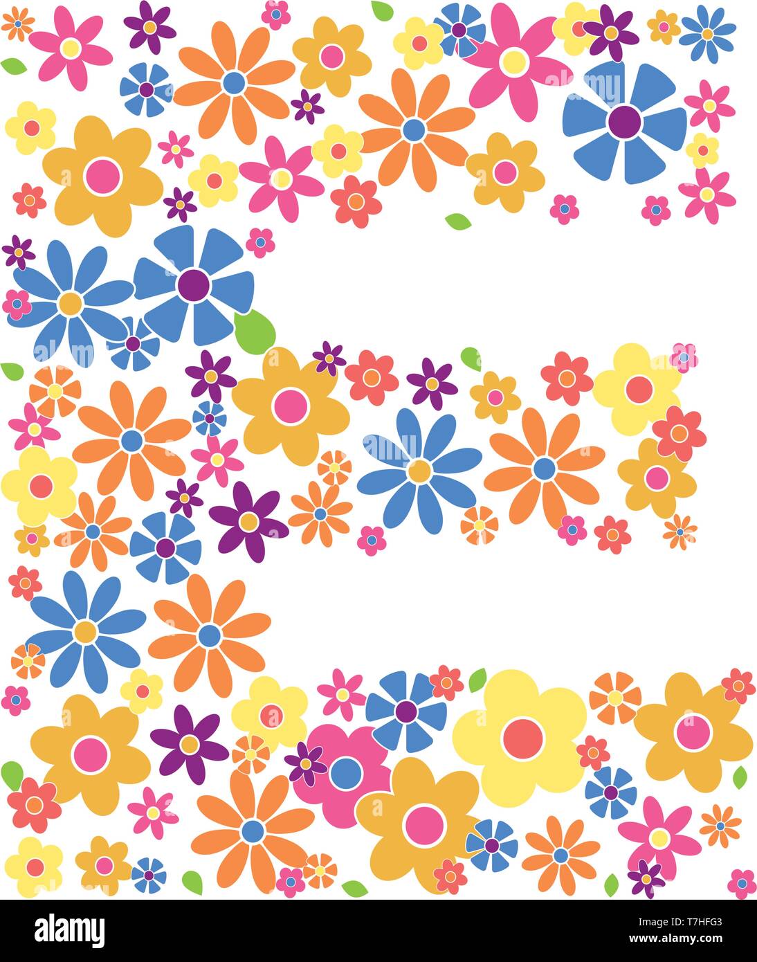 Lettera e riempito con una varietà di fiori colorati isolati su sfondo bianco illustrazione vettoriale Illustrazione Vettoriale