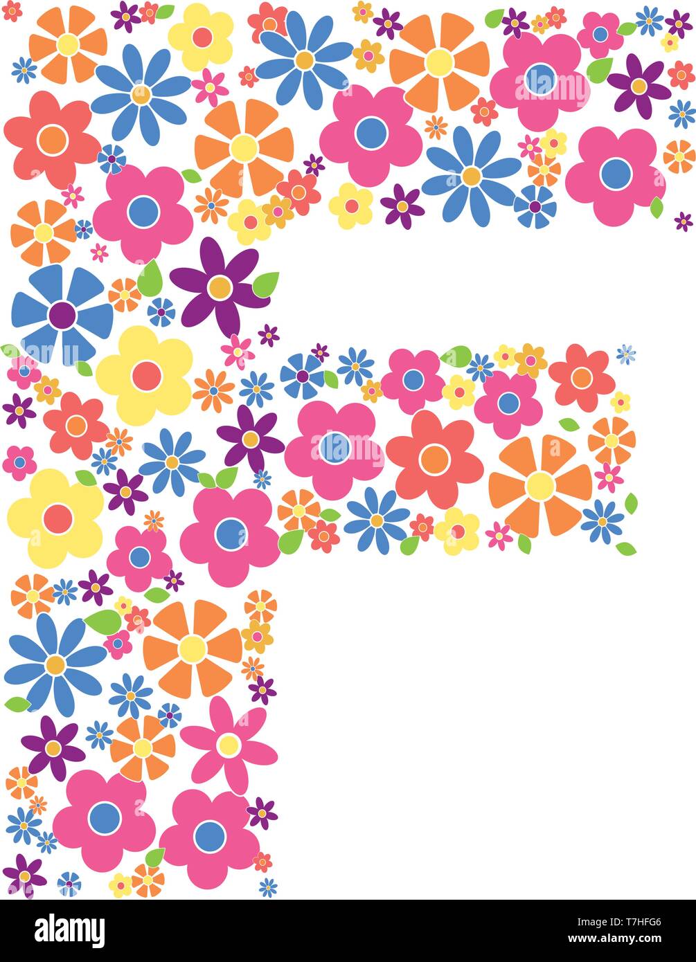 Lettere F riempita con una varietà di fiori colorati isolati su sfondo bianco illustrazione vettoriale Illustrazione Vettoriale