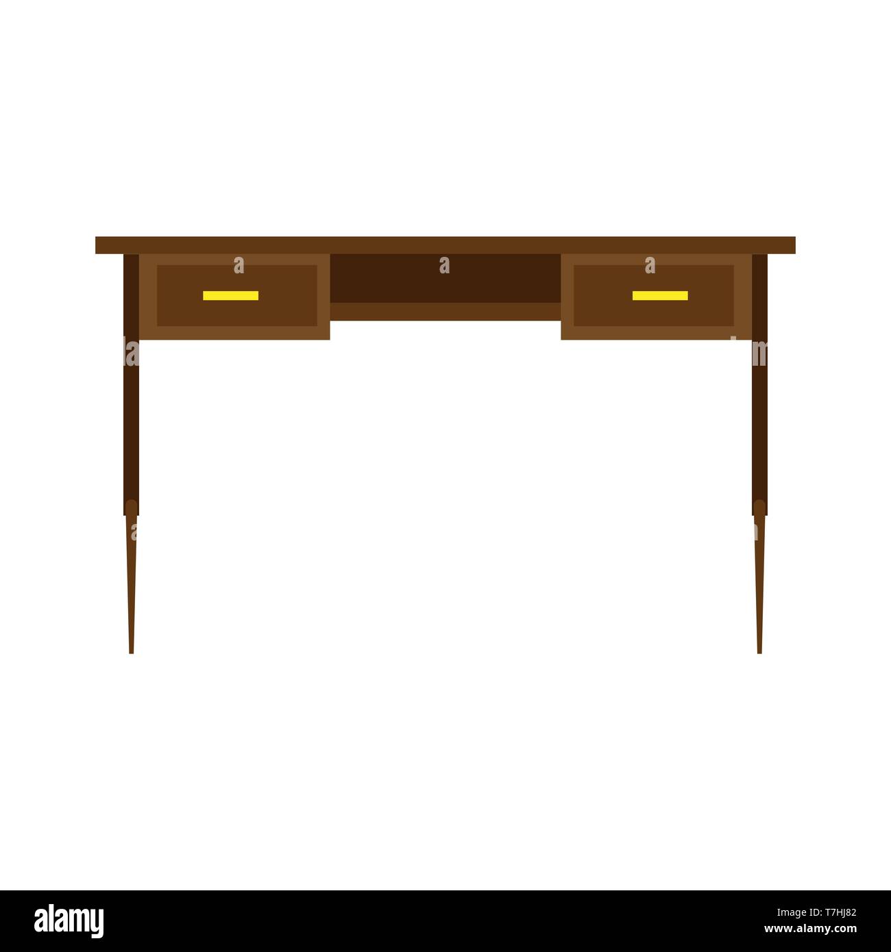 Desk office vista frontale della tabella vettore. Attività sul posto di lavoro in legno isolato icona piatta Illustrazione Vettoriale