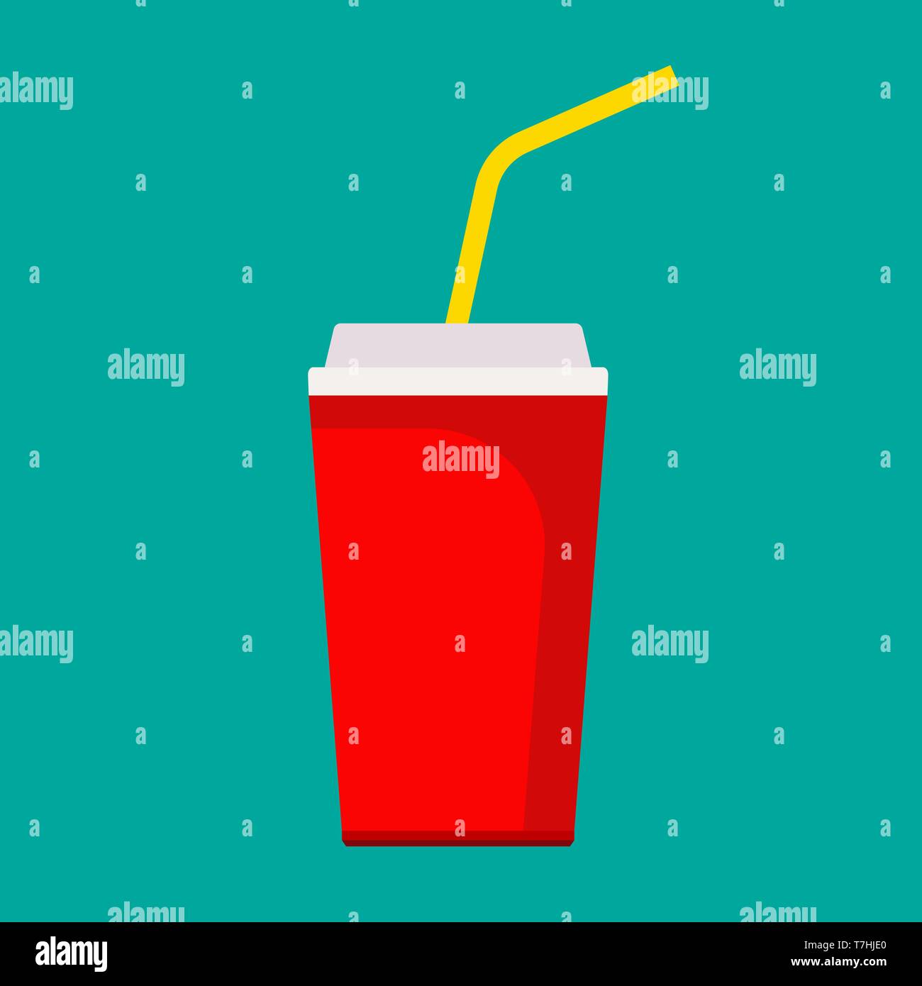 Tazza di soda fresche dolci rosso contenitore piatto cartoon bere. Un fast food malsana icona vettore bevanda. Carta da asporto frizzante Illustrazione Vettoriale