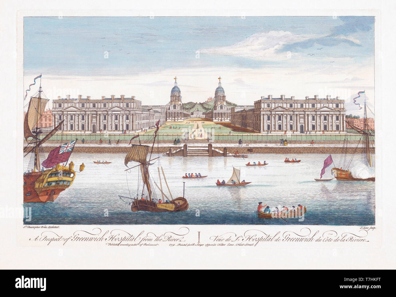 Una prospettiva di Greenwich Hospital dal fiume. Dopo una incisione datata 1751 da Giovanni giugno. Più tardi la colorazione. Foto Stock