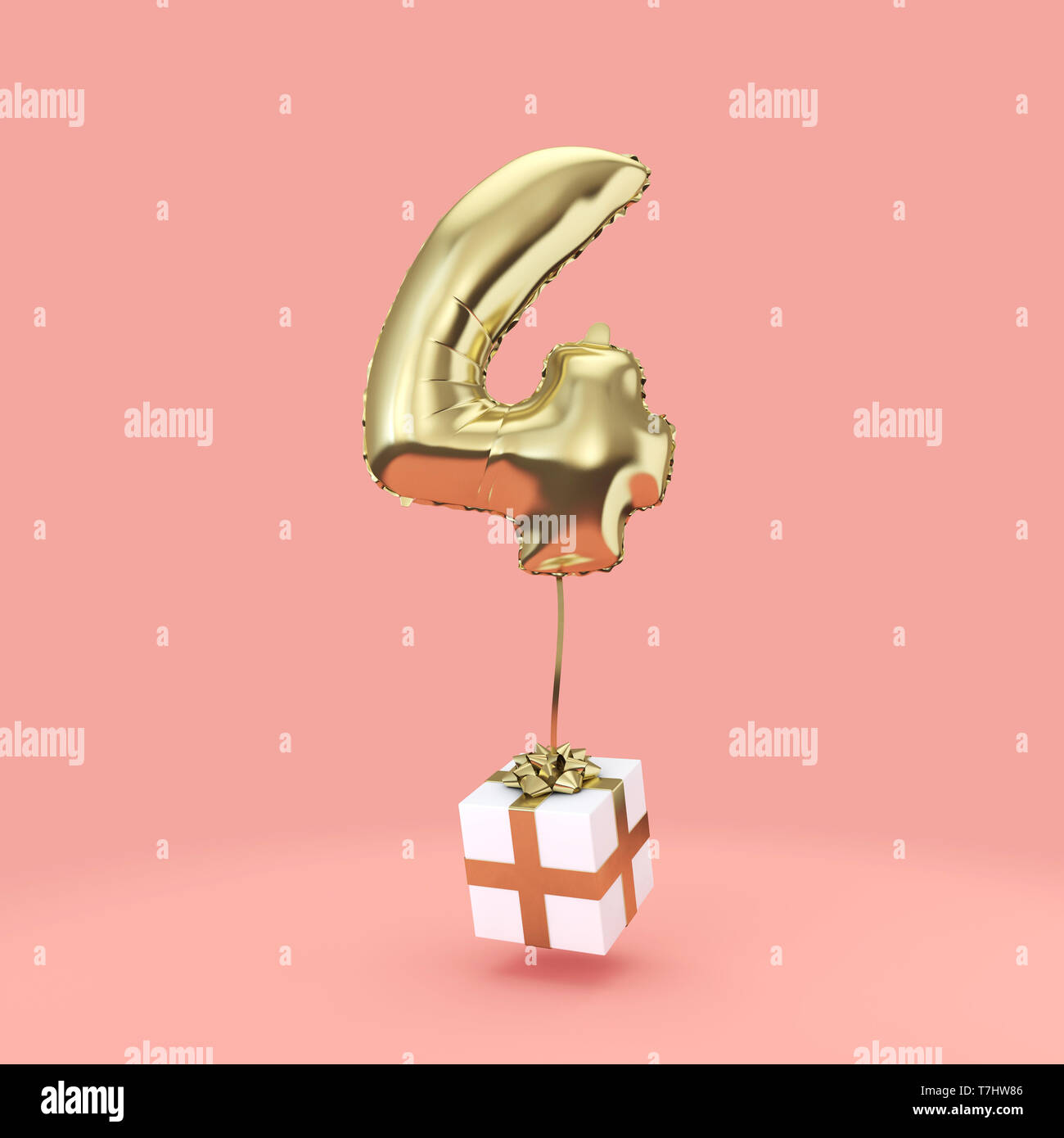 Numero 4 festa di compleanno di lamina di oro palloncino elio con presenta. 3D Render Foto Stock
