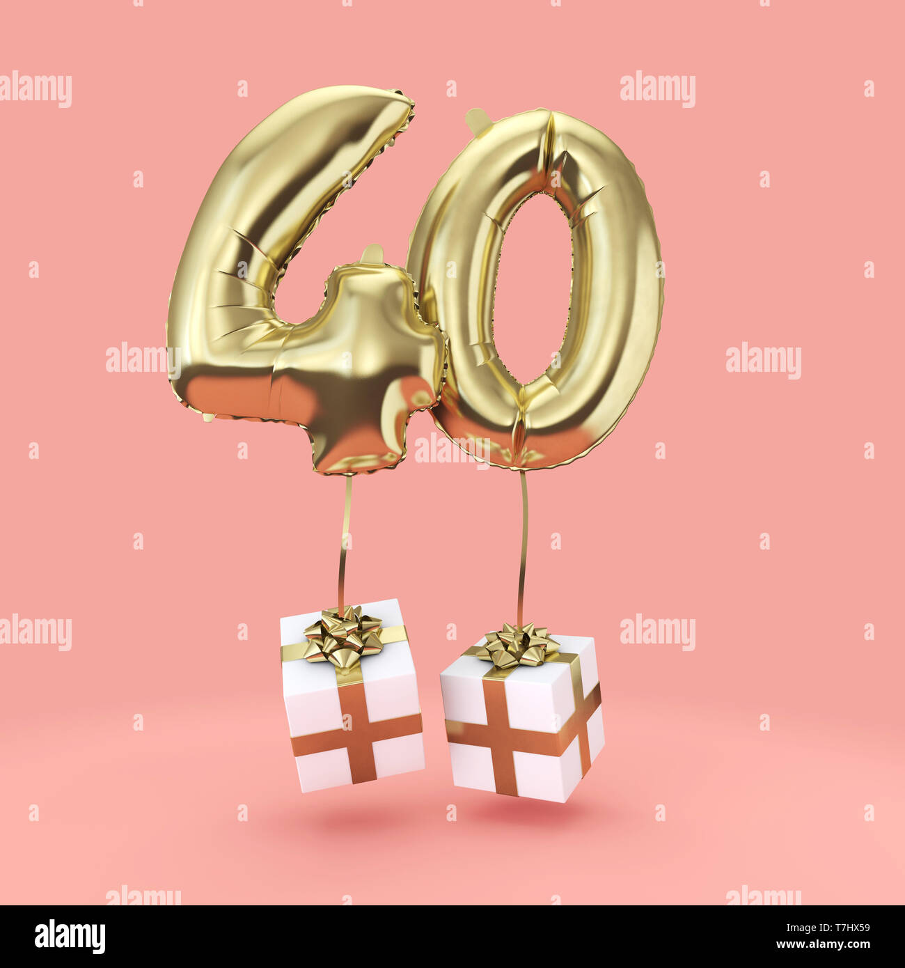 Numero 40 festa di compleanno di lamina di oro palloncino elio con presenta. 3D Render Foto Stock