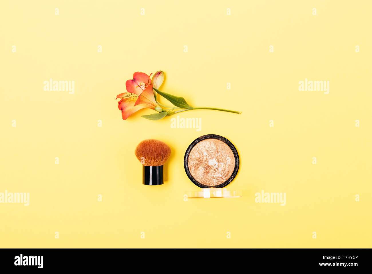 Compact bronzer polvere e pennello kabuki accanto al fiore su sfondo giallo, vista dall'alto. Prodotto di bellezza e lo strumento per l'estate candelette di trucco, laici piana. Foto Stock