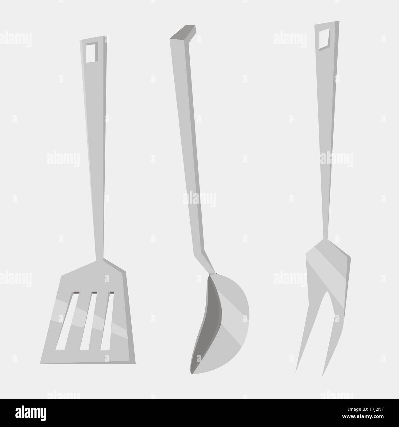 Set di vettore di utensili da cucina. Gli strumenti di cottura di tipo piatto. cook oggetti equipaggiamento isolato Illustrazione Vettoriale