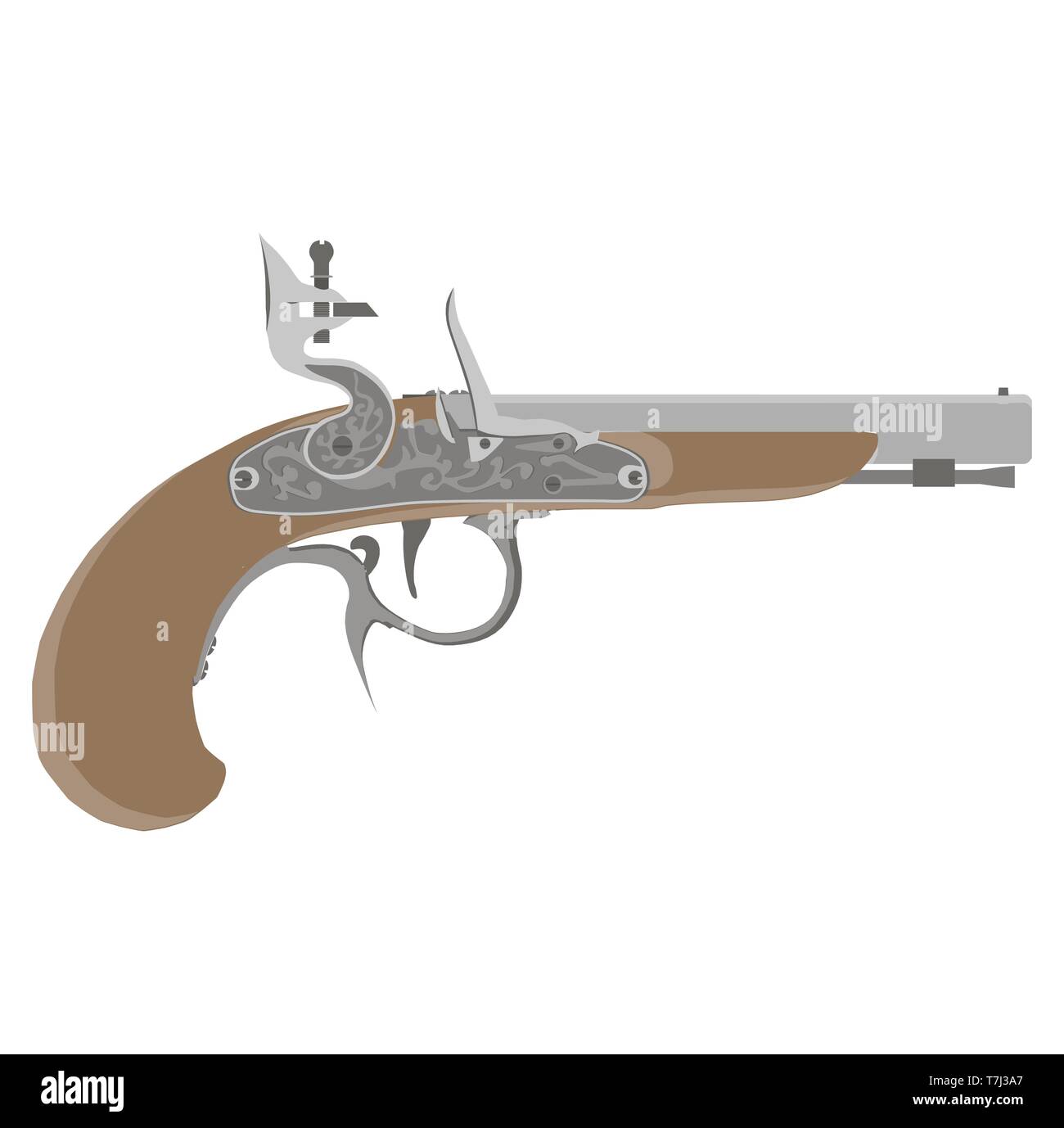 Vettore Flintlock vintage illustrazione pistola arma pistola vecchio pirata bianco moschetto retrò isolato Illustrazione Vettoriale