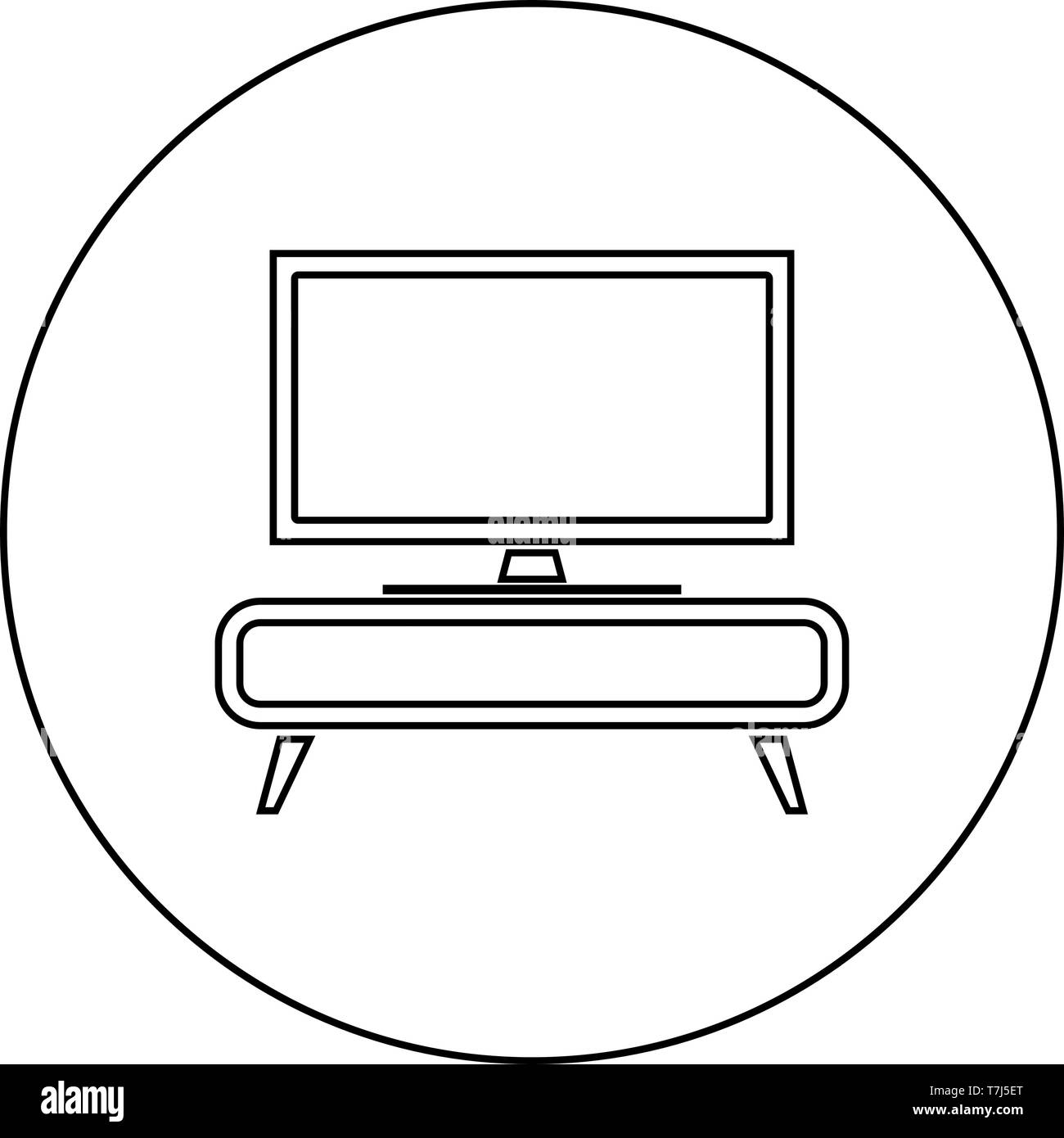 TV sulla credenza comò comodino Home concetto interno icona nel cerchio sagoma tonda colore nero illustrazione vettoriale stile piatto semplice immagine Illustrazione Vettoriale