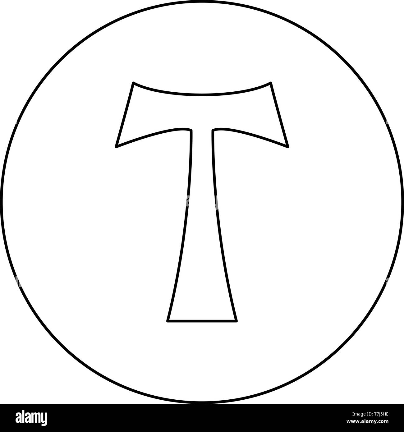 Croce monogramma simbolo T San Antonio Apostolo segno religioso icona a forma di croce in cerchio intorno profilo colore nero illustrazione vettoriale stile piatto semplice Illustrazione Vettoriale