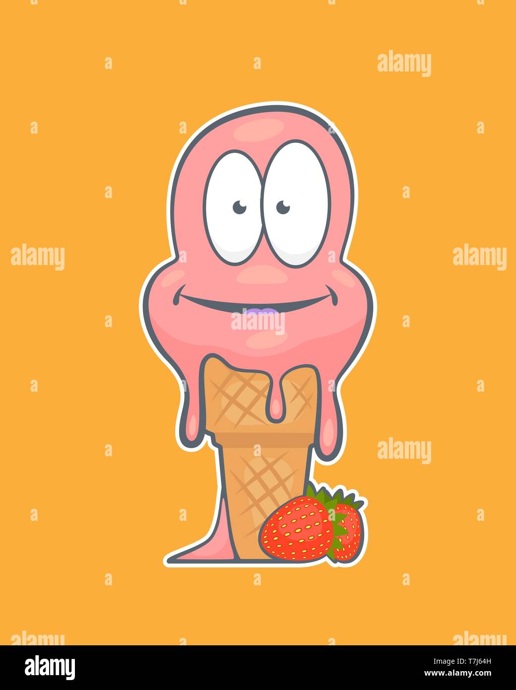 Personaggio dei fumetti di graziosi gelato alla fragola con grande fissò gli occhi e un paio di fragole è la fusione e sorridente. Illustrazione Vettoriale