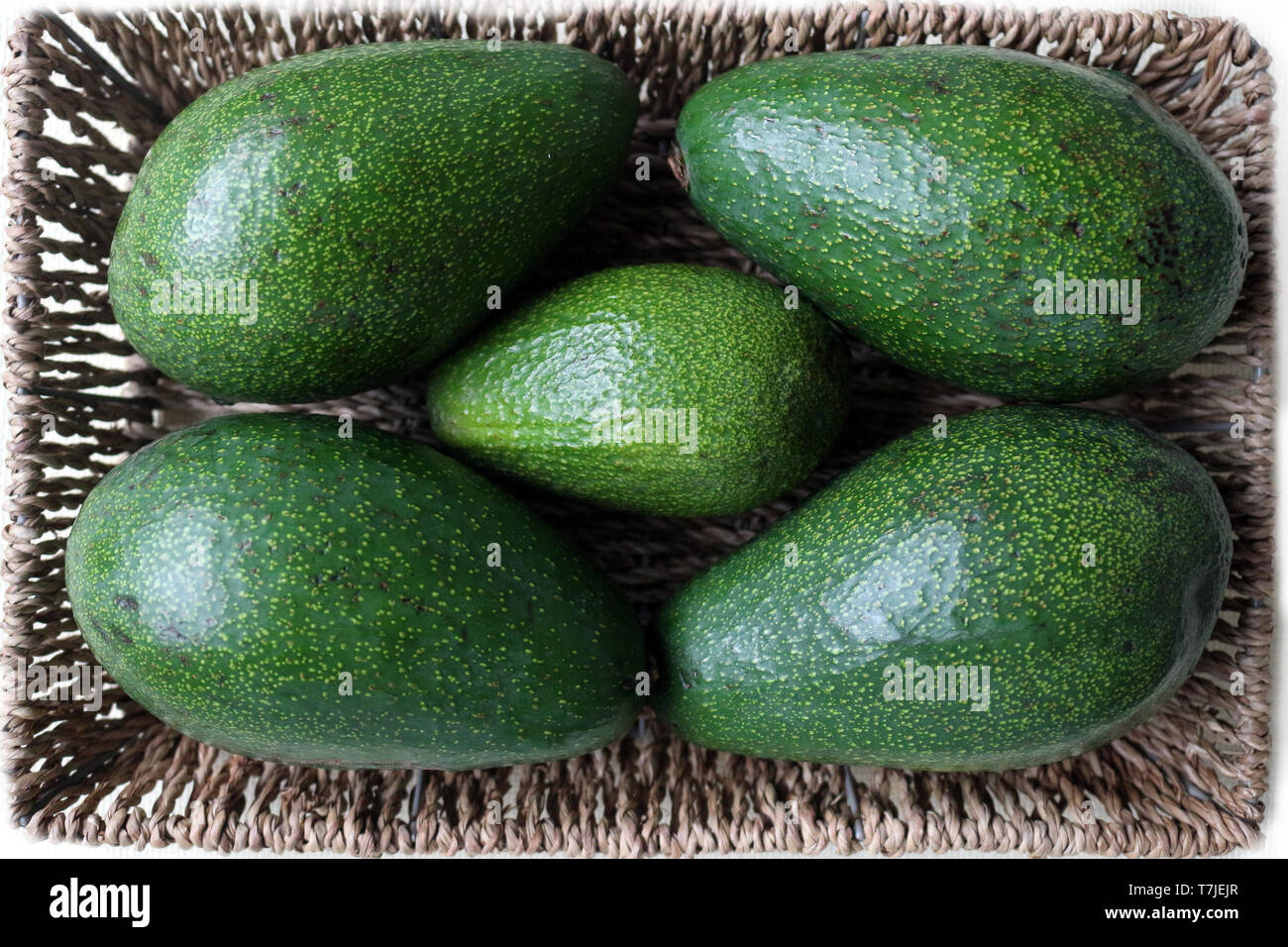 Colpo di overhead di cinque Avocadi in un cestello Foto Stock