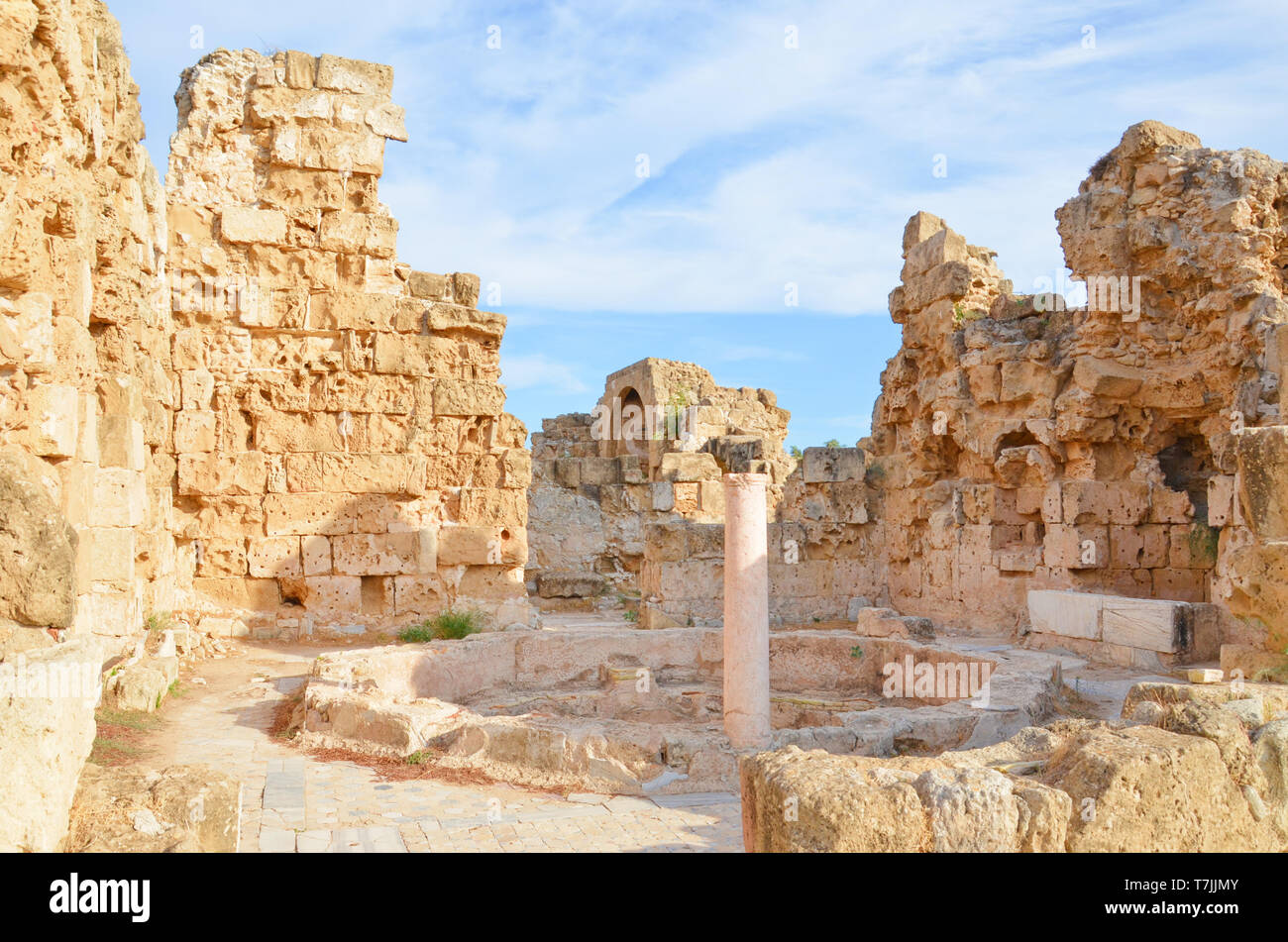 Ben conservate rovine dell antica città salami di presa su una soleggiata giornata estiva. Salamina era greca antica città-stato. Il sito archeologico è di Cipro. Foto Stock