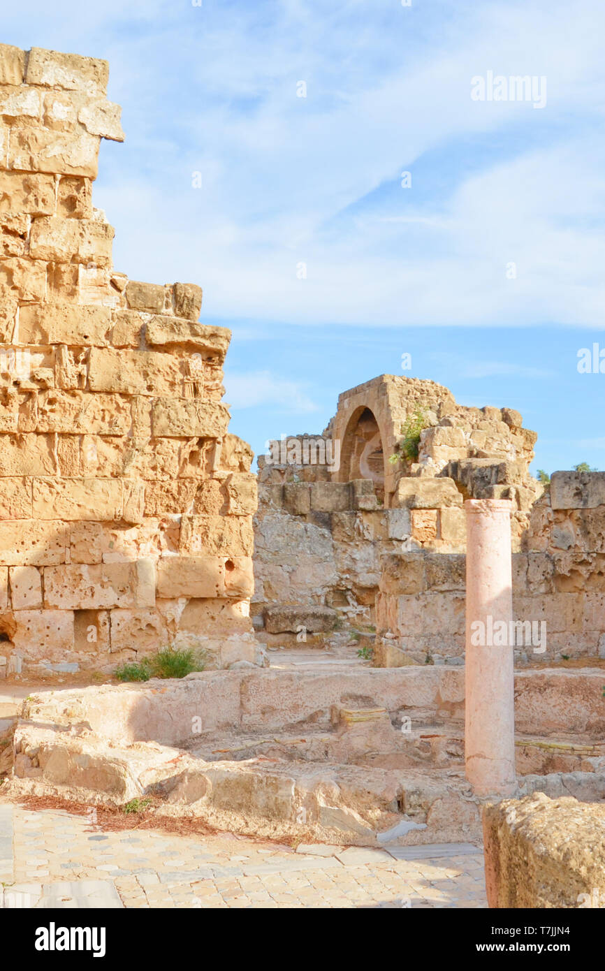 Immagine verticale di famose rovine di Salamina presi in una giornata di sole con cielo blu sopra. Salamina era il greco antico città-stato situato nella parte settentrionale di Cipro. Foto Stock