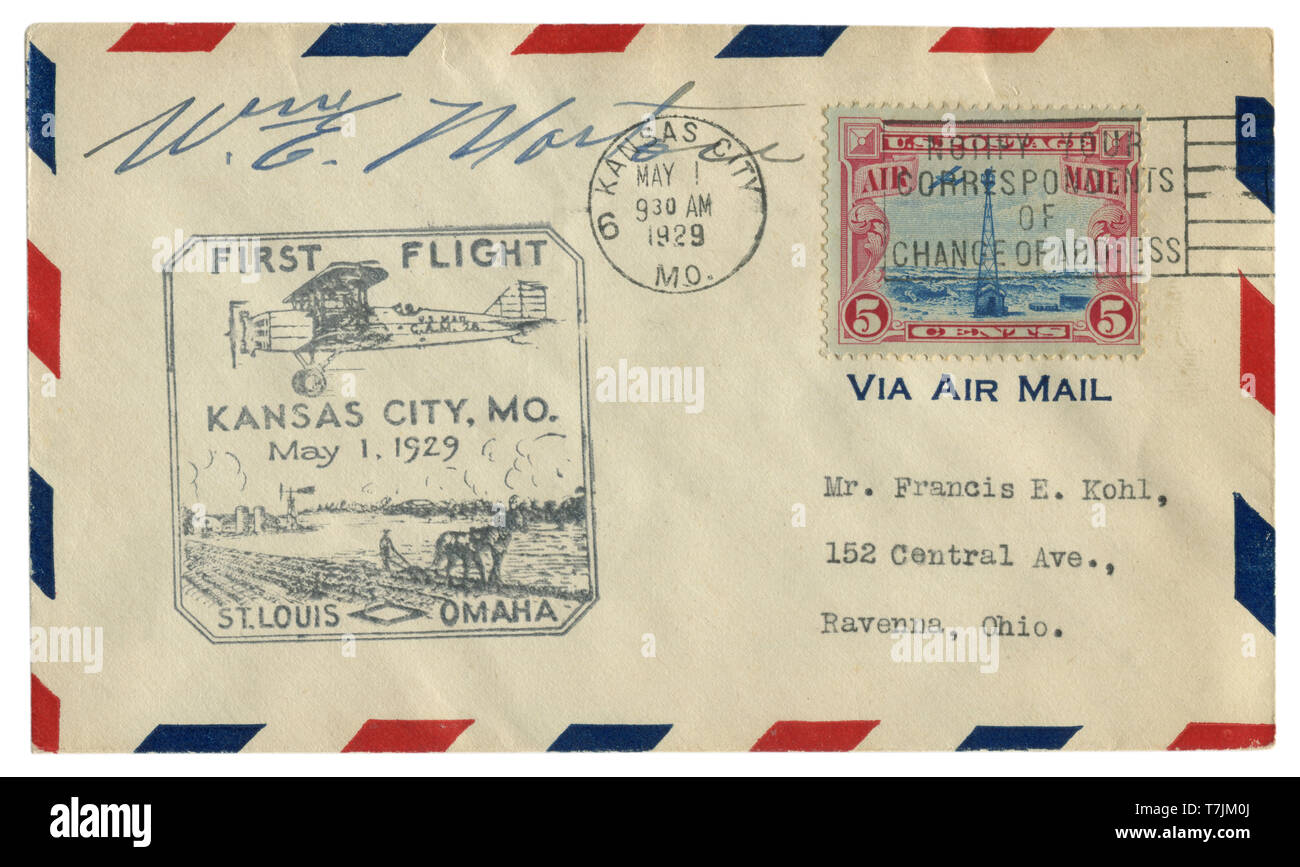 Kansas City, Missouri, Stati Uniti - 1 Maggio 1929: noi busta storico: il coperchio con un cachet primo volo San Louis, Omaha, aerei sorvolano la fattoria Foto Stock