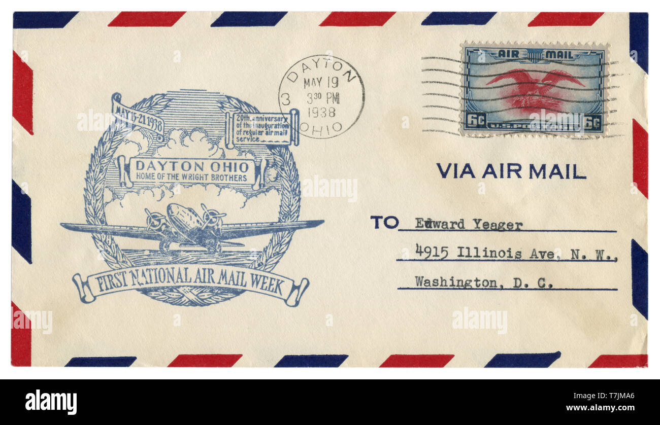 Gli accordi di Dayton, Ohio, Stati Uniti d'America - 19 Maggio 1938: noi busta storico: il coperchio con un cachet casa dei fratelli Wright, prima nazionale Air mail settimana, spedizione Foto Stock