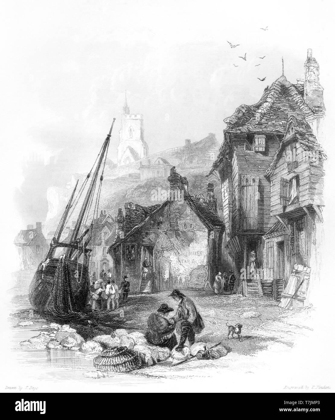 Una incisione di Folkestone dalla spiaggia scansionati ad alta risoluzione da un libro pubblicato nel 1842. Ritiene copyright free. Foto Stock