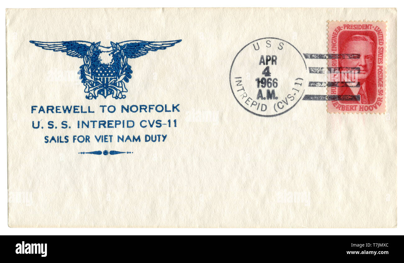 USS Intrepid, Stati Uniti - 4 Aprile 1966: noi busta storico: coperchio con cachet patriottica addio a norfolk il Museo della Portaerei U.S.S. CVS-11 vele per il Viet Nam duty Foto Stock