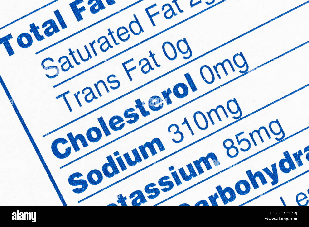 Macro close up dettaglio del cibo standard fatti di nutrizione casella di informazioni. Con focus su Trans grassi, colesterolo e informazioni di sodio. Foto Stock