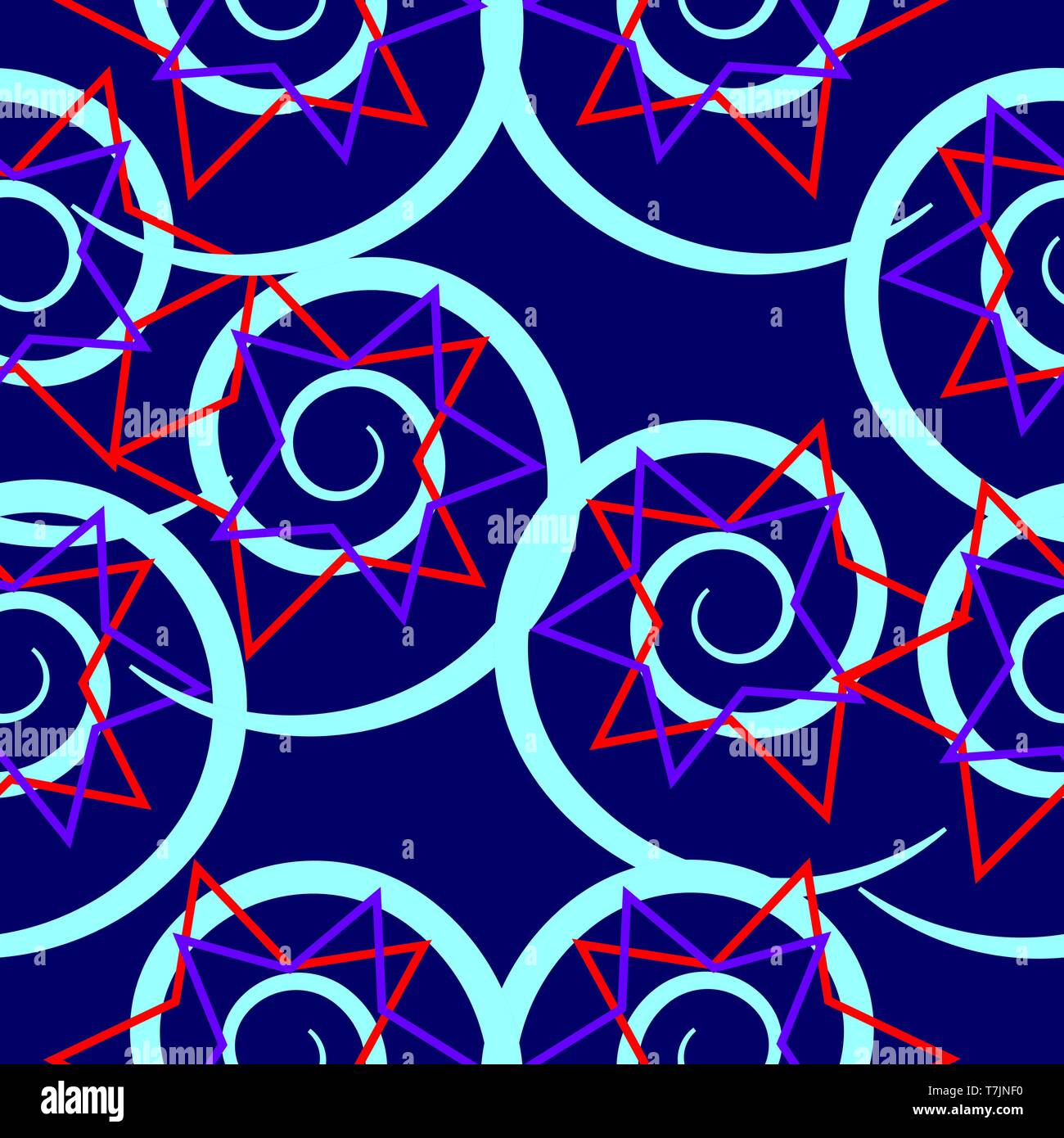Abstract seamless pattern nella forma di una spirale e stelle isolato da uno sfondo blu. Illustrazione Vettoriale