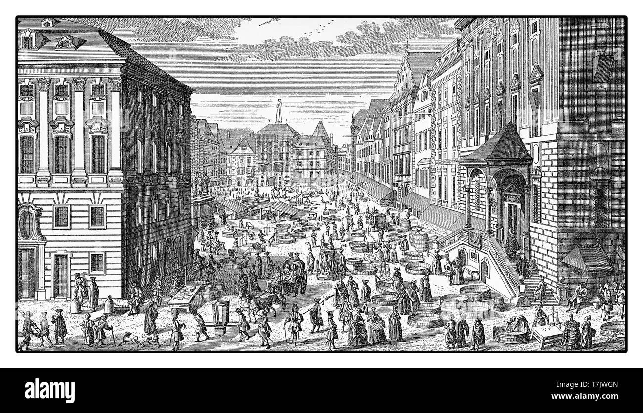 Vista di Hoher Markt la piazza più antica di Vienna in un affollato mercato giorno dell'anno 1725 con imponenti edifici rinascimentali intorno a. Foto Stock
